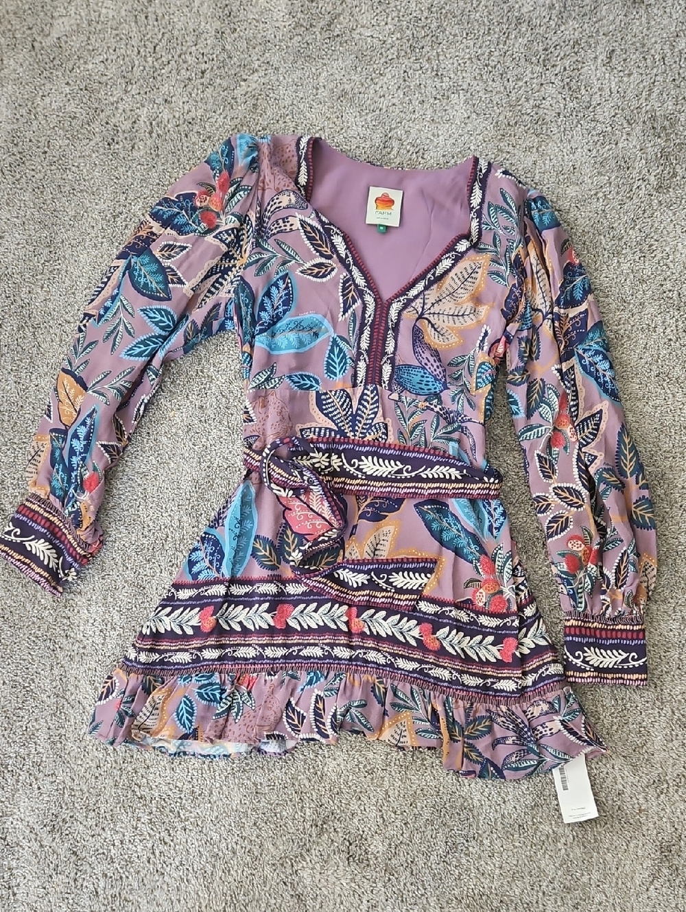 Farm Rio Purple Floral Boho Long Sleeve Mini Dress M - Picture 2 of 15
